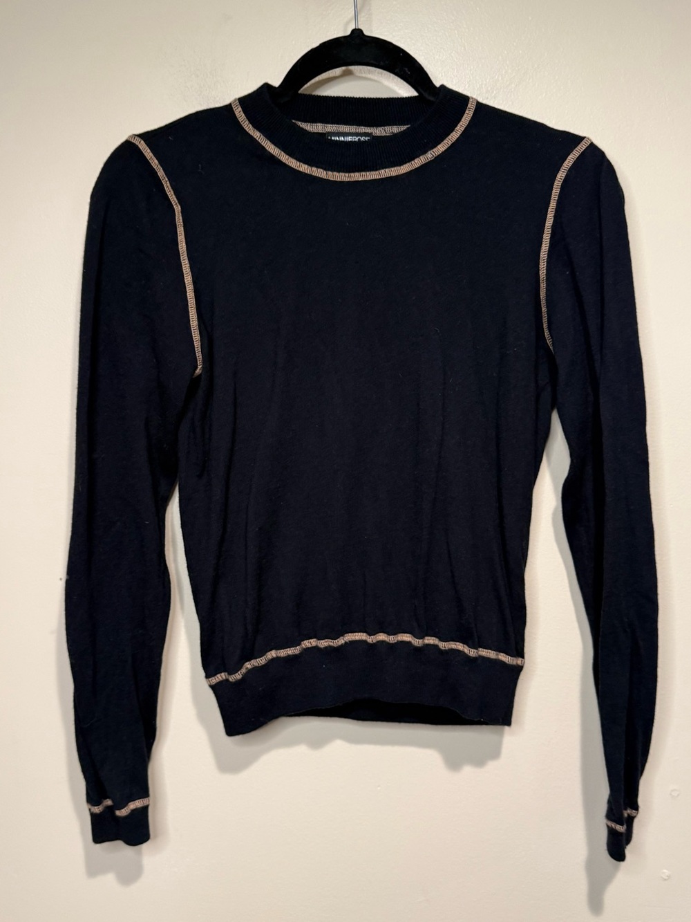 Minnie Rose Stitch Detail Black Cotton Cashmere Crewneck Sweater Size XS